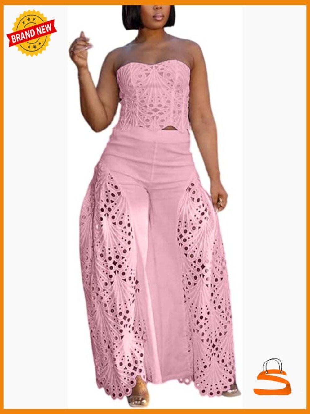 2 Piece Lace Set Crop Top Strapless Corset Barrel Pants Party Outfit